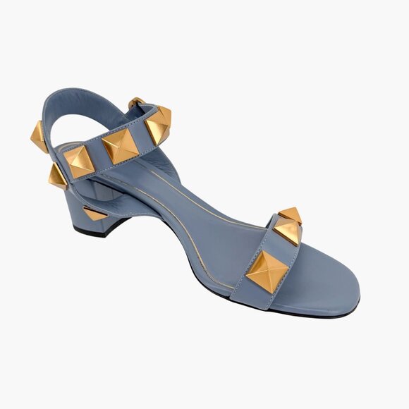Valentino Garavani Roman Stud Block Heel Sandals Blue Leather Size 39 US 9 - Picture 10 of 15